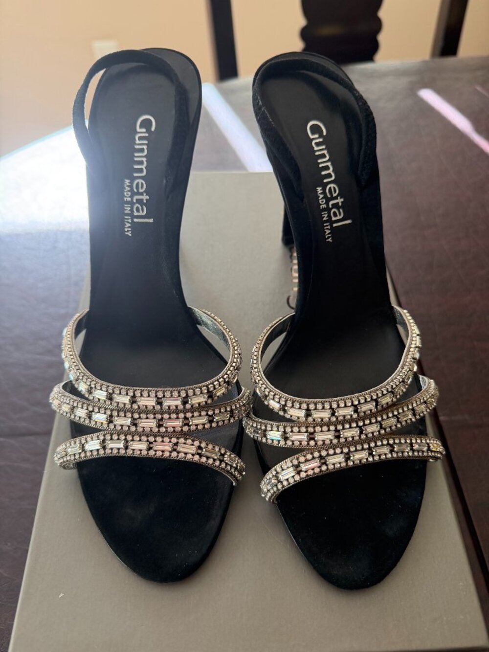 Vintage Gunmetal Italy Swarovski Crystal Black Suede Heels 40 US 9 Original $895